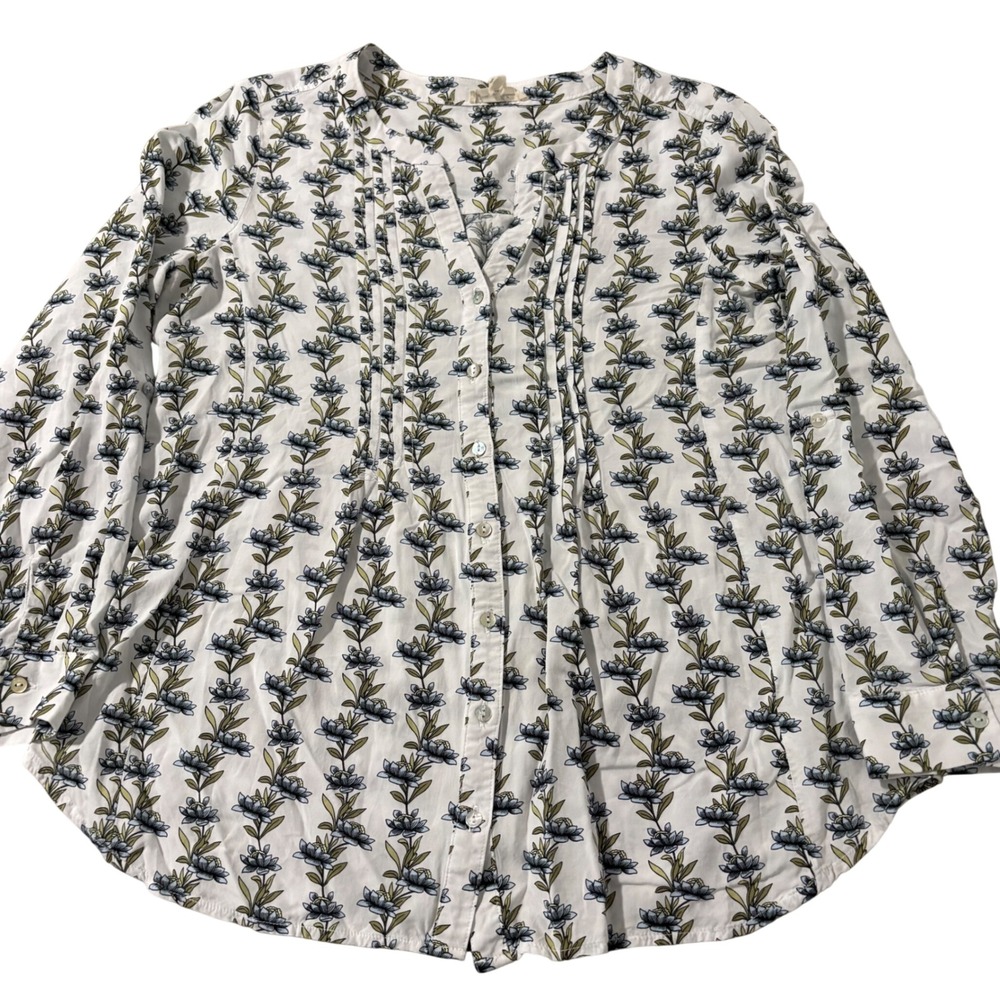 Jane and Delancey White Blue Floral Pintuck Button Down Roll Tab Blouse Medium